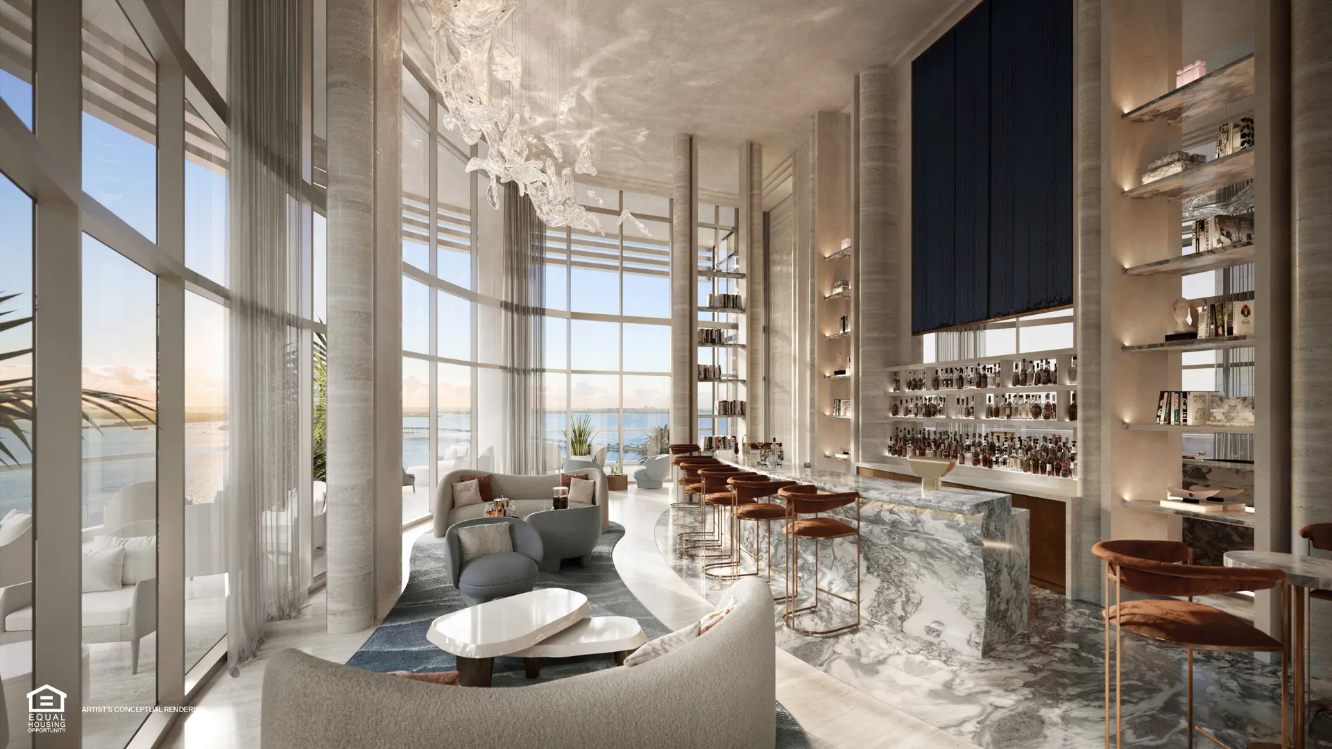 St Regis Brickell luxury lounge with ocean view and elegant seating.
