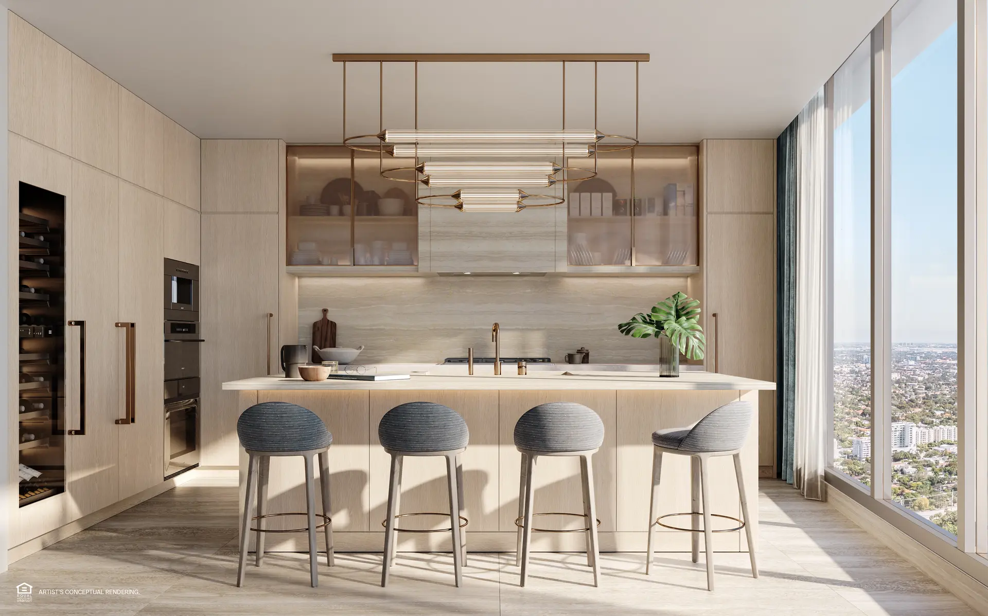 Modern kitchen design at St Regis Brickell featuring light wood cabinets and large windows.