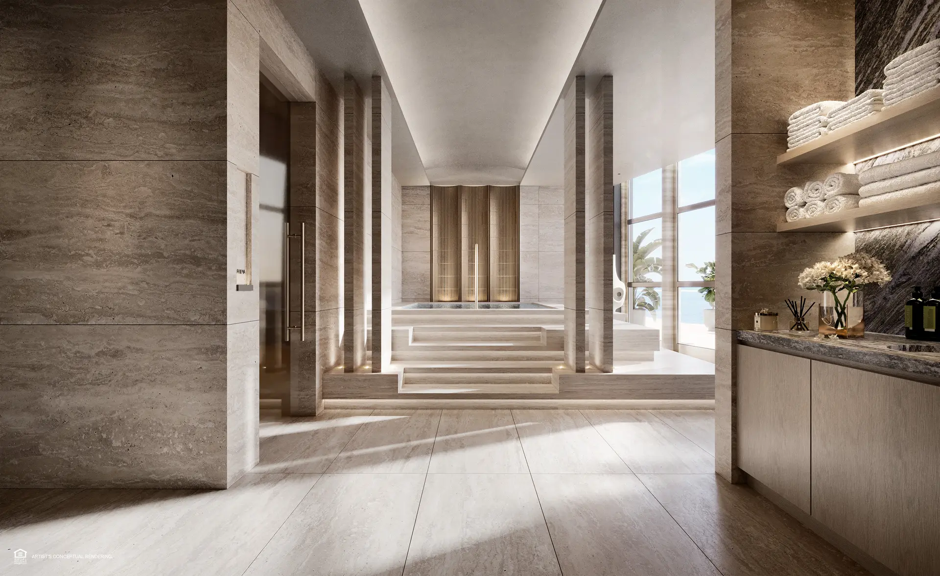 Luxurious spa interior at St Regis Brickell with marble finishes and large windows.