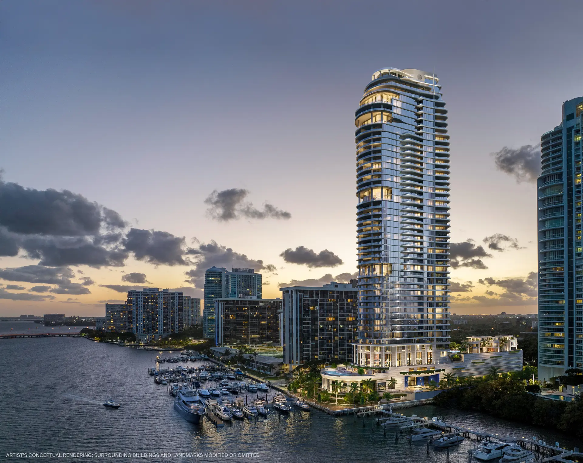 St Regis Brickell tower overlooking the marina at sunset.