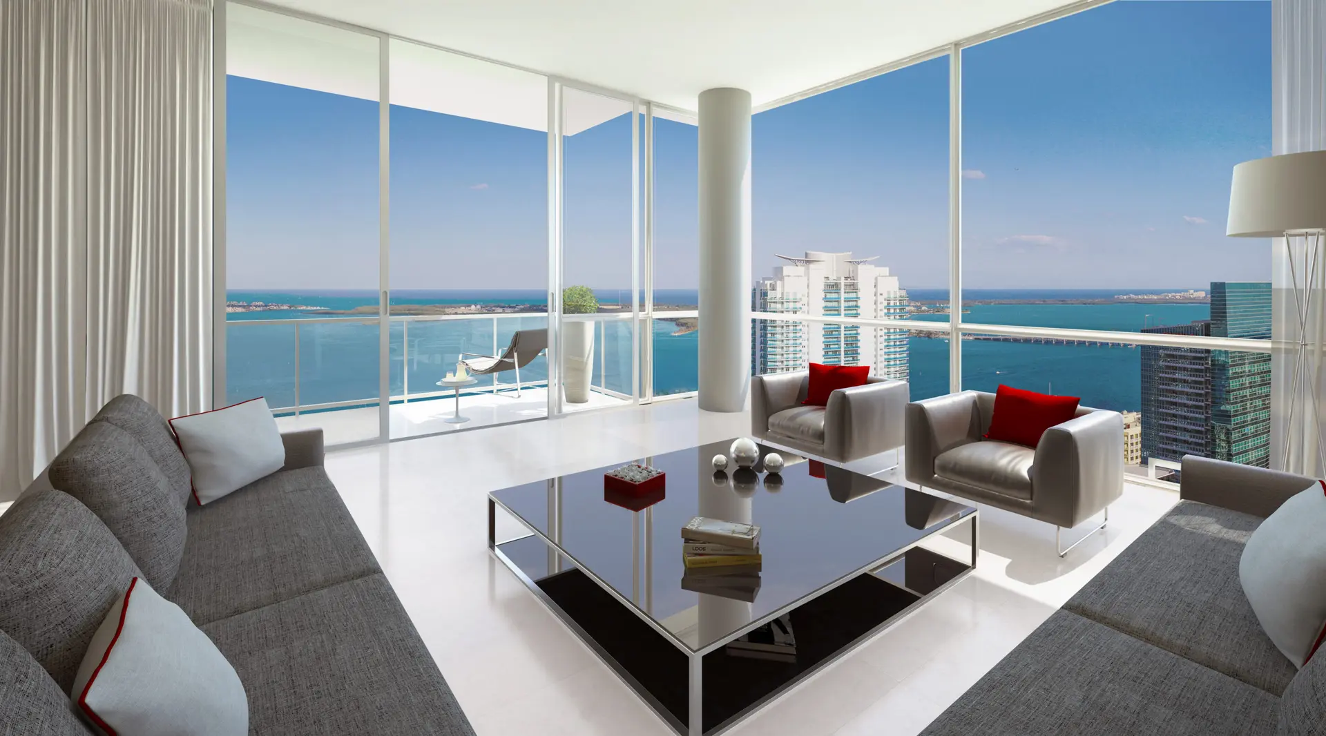 Stylish living room with ocean view at The Bond on Brickell.