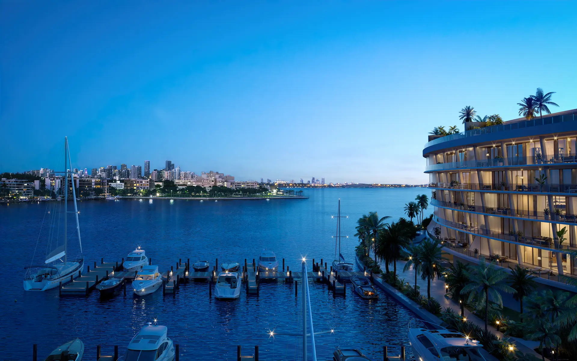 The Project showcases luxury waterfront views of Miami skyline at dusk.