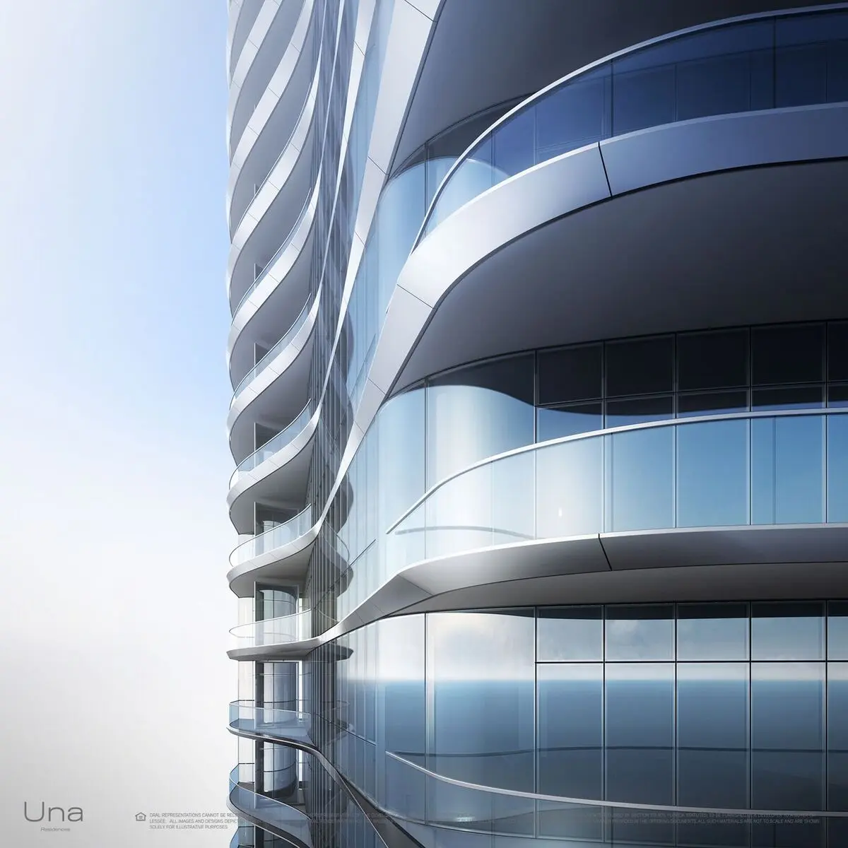 Una Residences features a sleek glass facade with curved lines and extensive windows