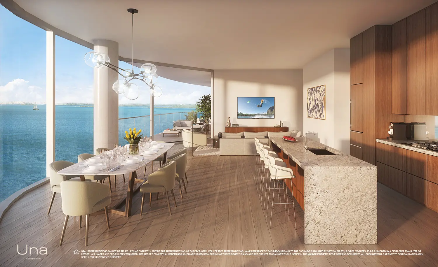 Una Residences Miami dining room with ocean views and modern decor.