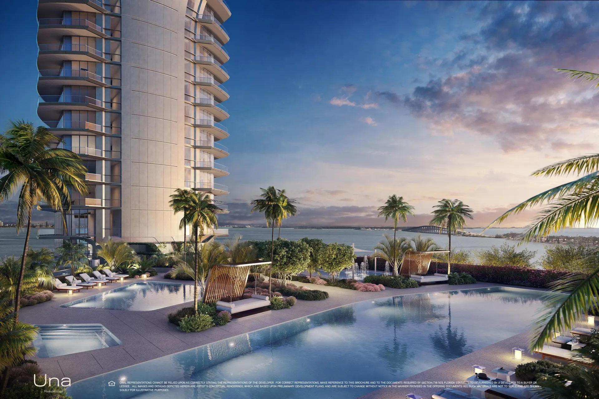Una Residences pool with ocean view and Miami skyline at sunset.