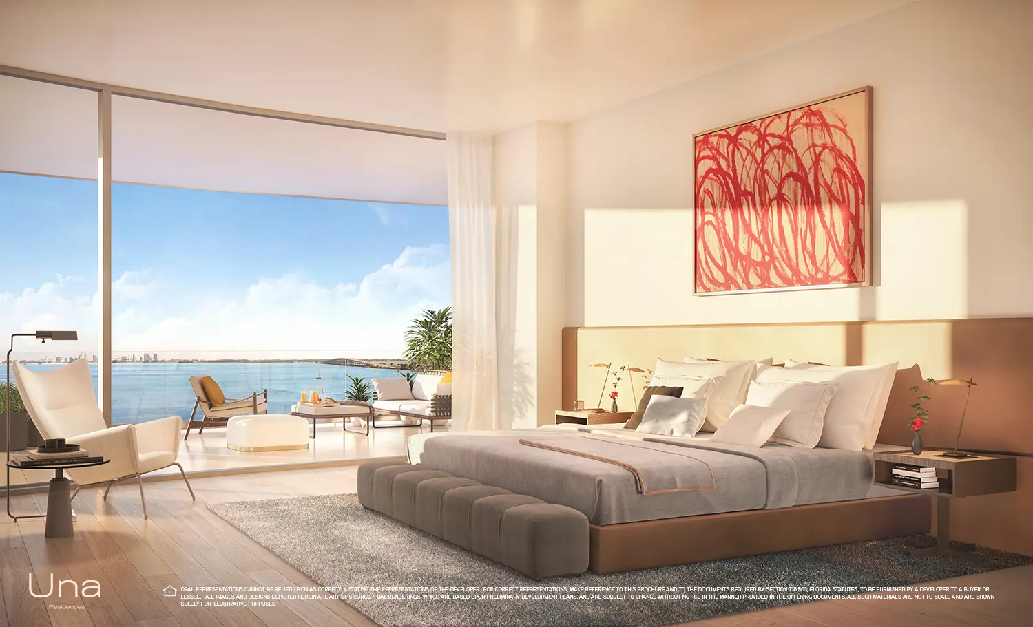 Una Residences bedroom with waterfront view and modern decor in Miami.